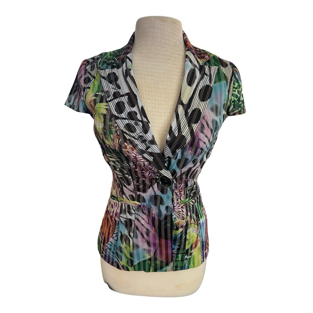 Alberto Makali Blazer Size 4 Short Sleeve Animal Butterfly Print Light Jacket - Picture 2 of 14